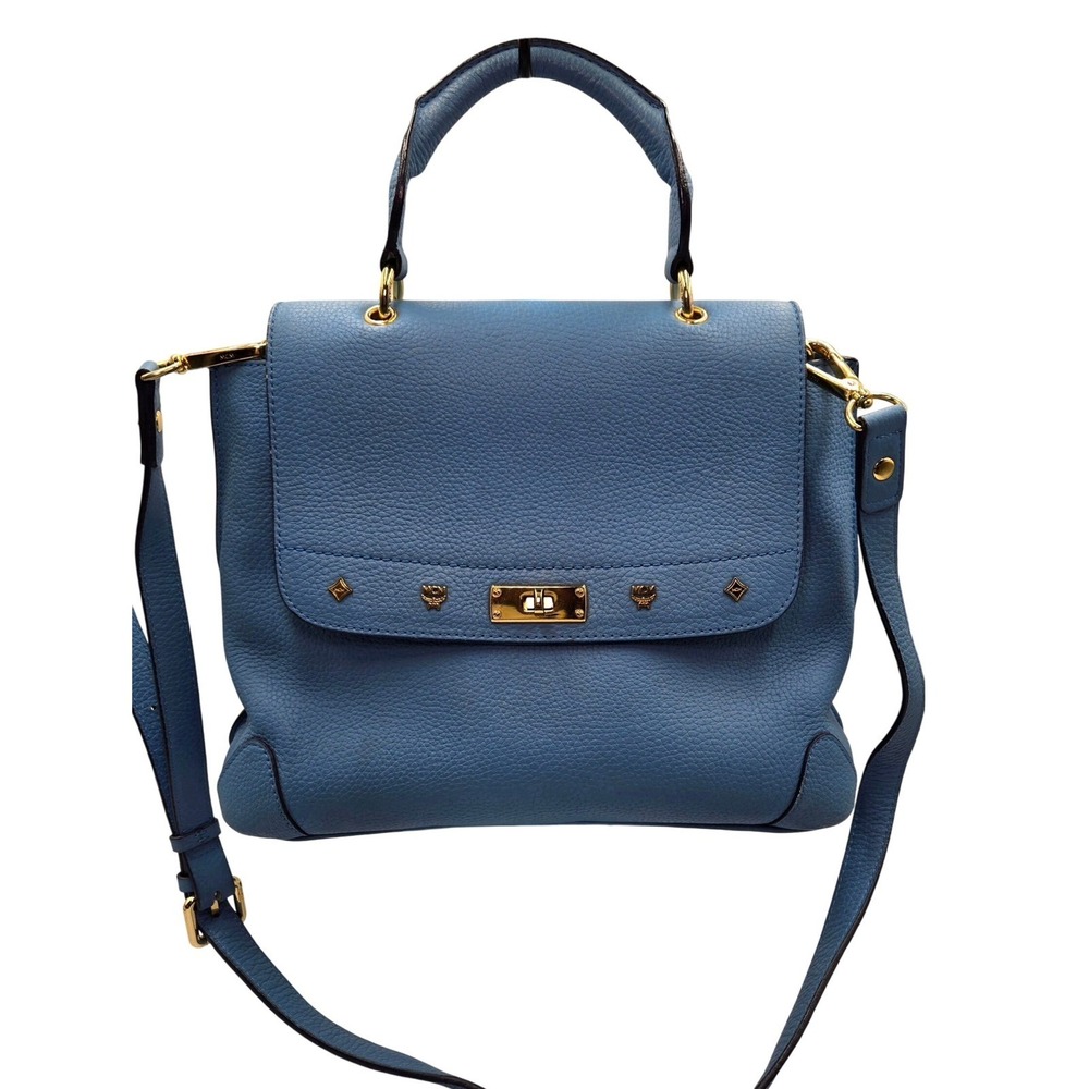 MCM Blue Leather Satchel Top Handle Crossbody Bag Gold Hardware